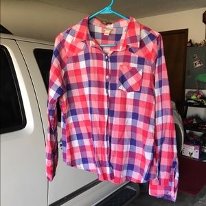 Lady's Red & Blue Plaid LongSleeve Button-Up Shirt