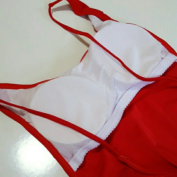 Red High Waisted Low Back padded Bathing Suit - Picture 4 of 4