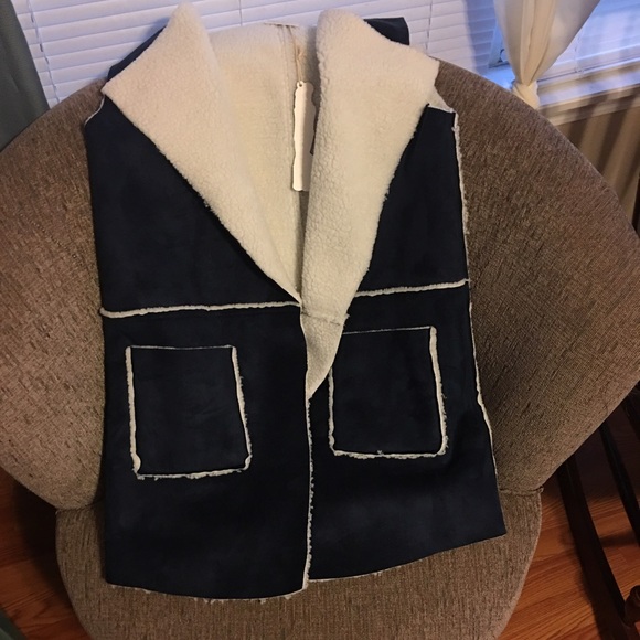 Blue leather and wool vest NWT