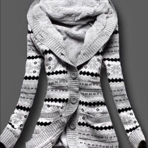 Casual fleece print hooded cardigan sweatshirt