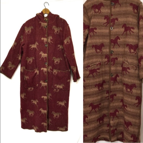 Vintage Jackets & Blazers - WOOLRICH horse print reversible long blanket coat