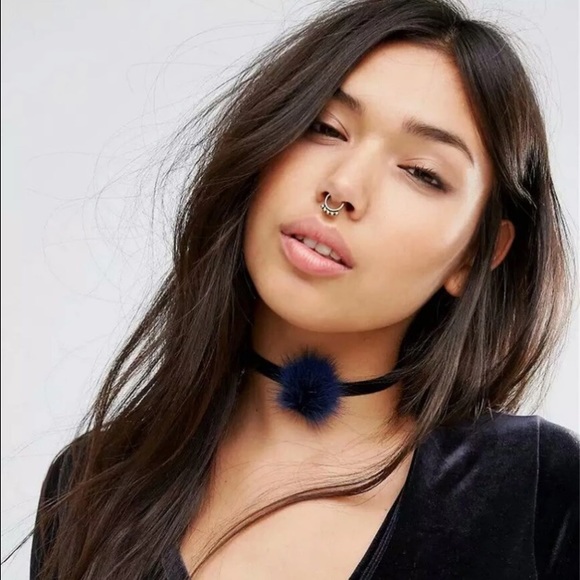 Fur Ball Blue Velvet Choker Necklace