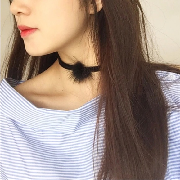Fur Black Velvet Choker Necklace w/ Free Choker