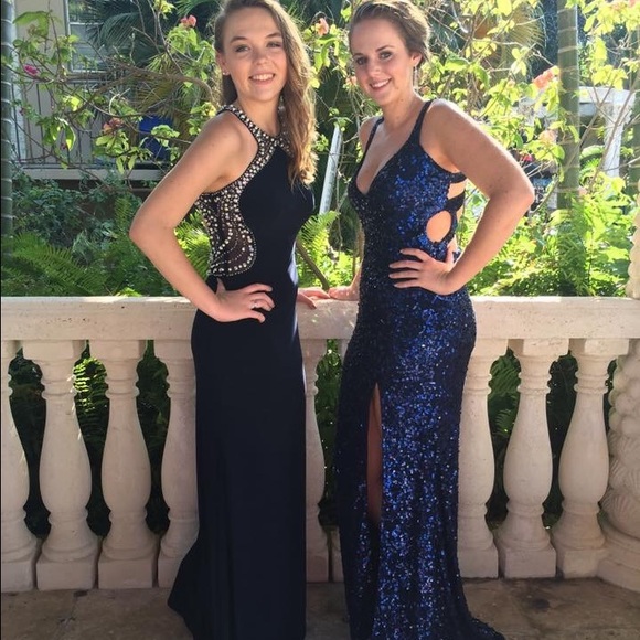 Navy blue, open back prom dress