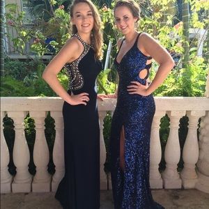 Navy blue, open back prom dress