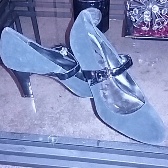Black suede 3 inch heels with strap and buckle
