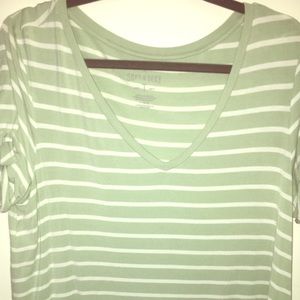 Green and white striped v-neck t-shirt