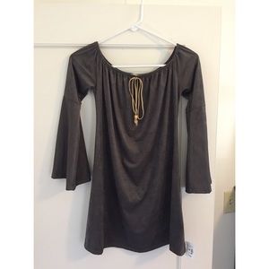 Off the shoulder dress.