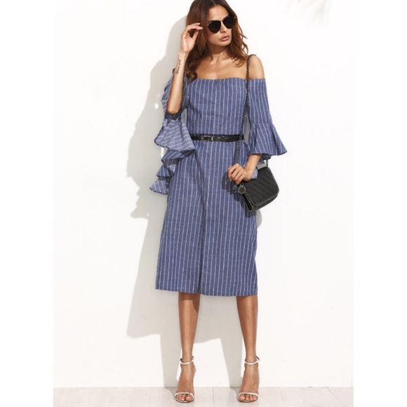 Zara Dresses & Skirts - Striped Denim Off Shoulder Midi Dress