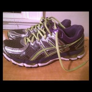Purple and Green Asics Kayano Gel Running Shoe