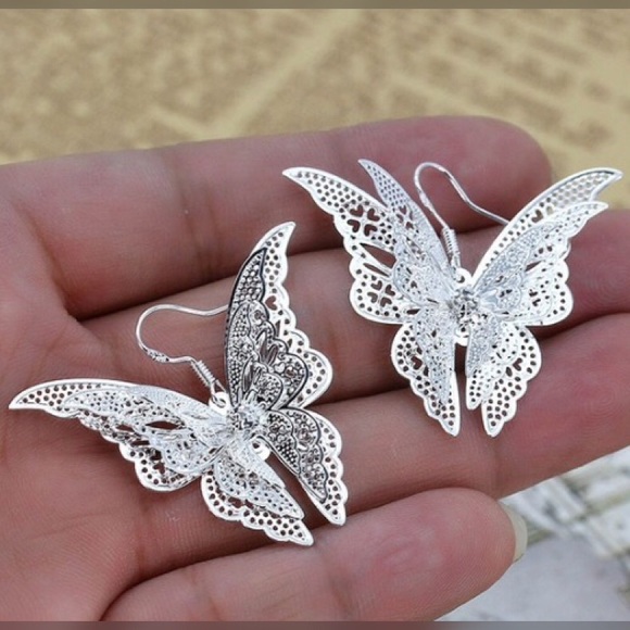 SOLD: Silver Plated Butterfly Hook Earrings - Picture 3 of 8