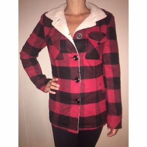 Planet Blue Flannel pattern fleece lined jacket.