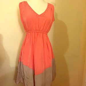 Coral & tan sleeveless dress with copper detail
