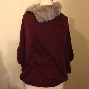 Burgundy knit blouse with faux fur neck trim