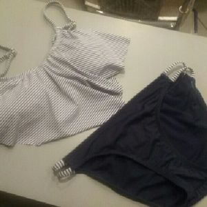 Navy blue and white striped bikini