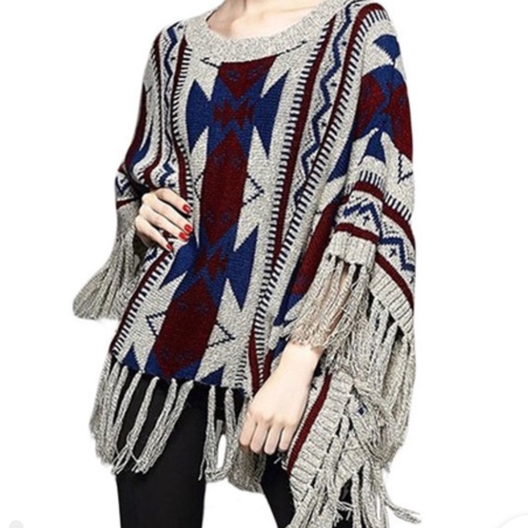 Navy & Wine Geometric Poncho - Picture 2 of 4
