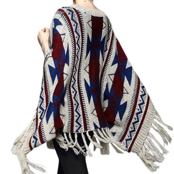 Jackets & Blazers - Navy & Wine Geometric Poncho