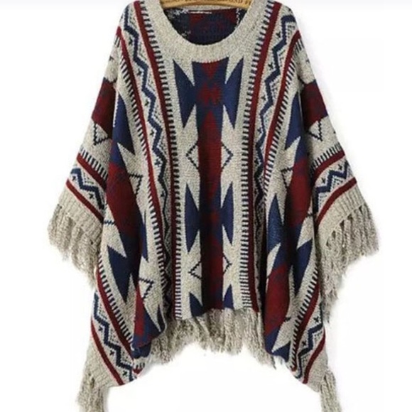 Navy & Wine Geometric Poncho - Picture 3 of 4