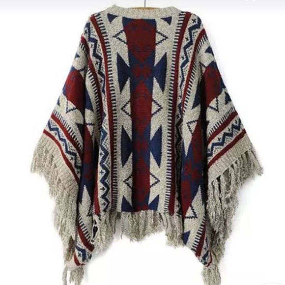 Navy & Wine Geometric Poncho - Picture 4 of 4