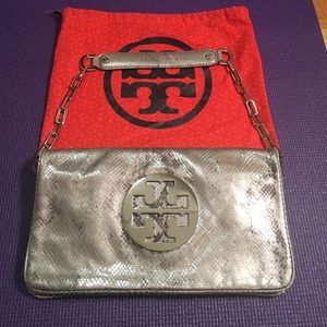 Tory Burch Silver Python Bombe Reva Clutch