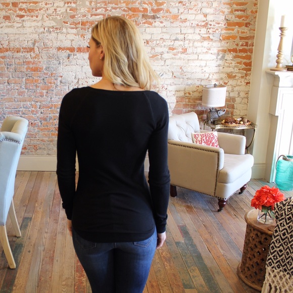 Black button neck ribbed long sleeve top - Picture 3 of 4