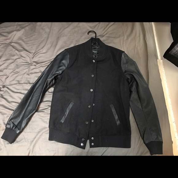 Black Bomber Jacket with Faux Leather Sleeves