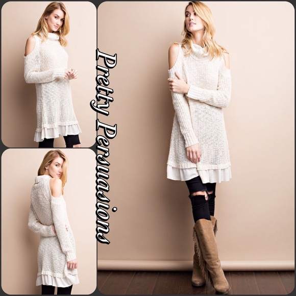 SOLD OUT‼️Cold Shoulder Slouchy Ruffle Hem Sweater - Picture 2 of 4