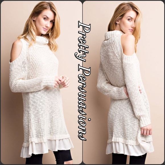 SOLD OUT‼️Cold Shoulder Slouchy Ruffle Hem Sweater - Picture 3 of 4