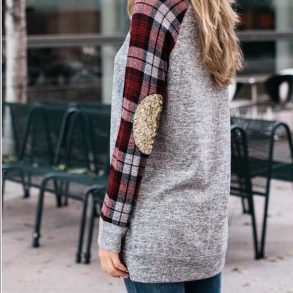 Hacci Knit Sequin Elbow Patch Top - Picture 2 of 3