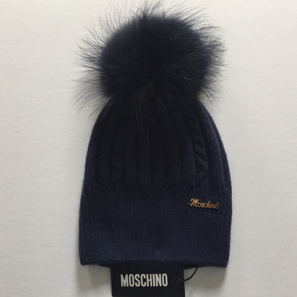 Moschino Accessories - Moschino Navy wool hat with Raccoon fur Pom  NWT