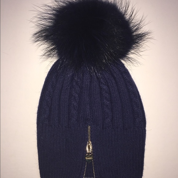 Moschino Navy wool hat with Raccoon fur Pom NWT - Picture 2 of 4