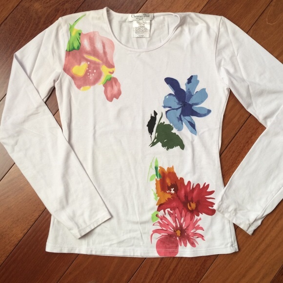 💰 Dior Graphic Long Sleeve Top Size 8 S/M - Picture 1 of 2