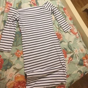 White and black striped off the shoulder dress