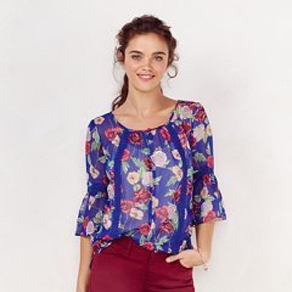 SOLD LC Lauren Conrad  XS S Blue Floral Blouse - Picture 5 of 5