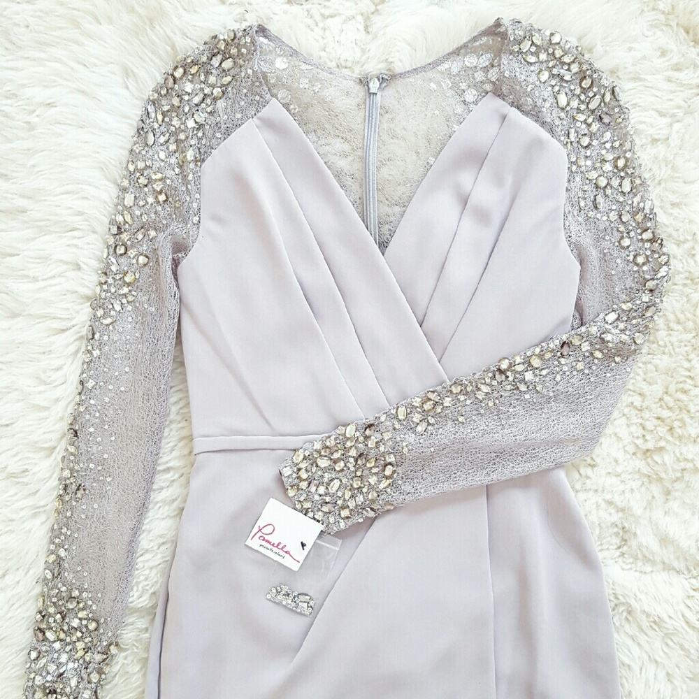 {Pamella Roland} Beaded Sleeve Wrap Column Gown - Picture 5 of 8