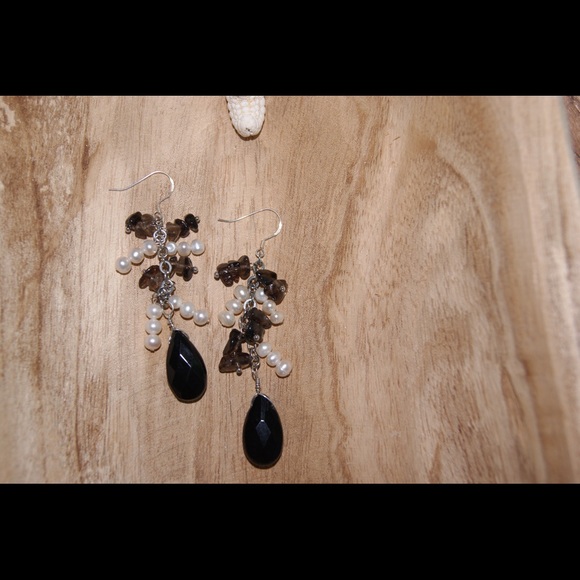 Long dangle crystal and pearl earrings