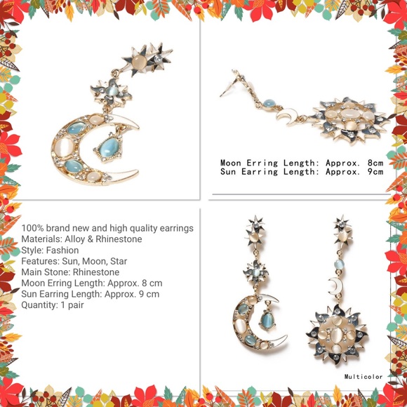 Elegant rhinestone Sun Moon long dangle earrings - Picture 2 of 3