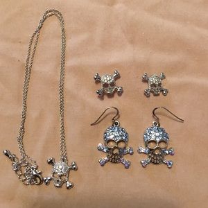 Skull Rhinestone 2 pairs of earrings & necklace