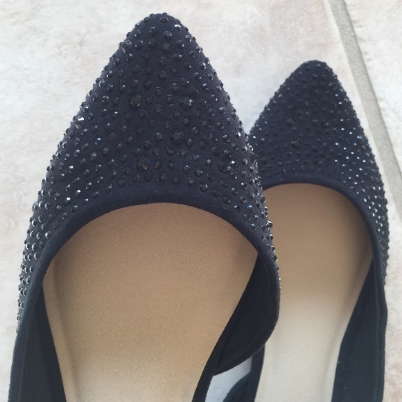 Black Faux Suede Crystal Studded Flats Size 8