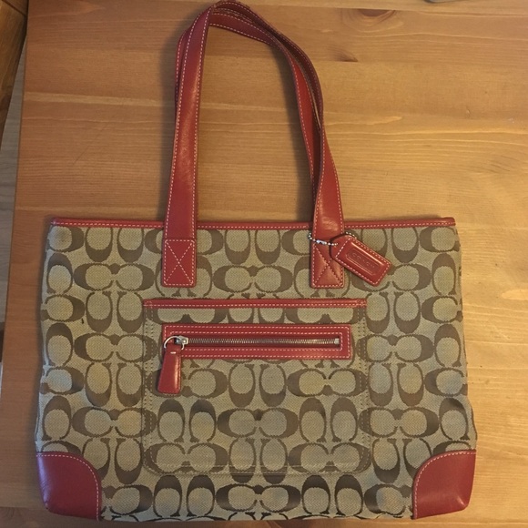 Coach tan and red canvas shoulder tote bag