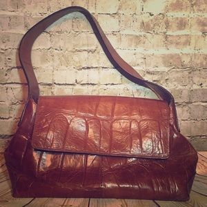 Joan and David Shoulder Purse brown crocodile
