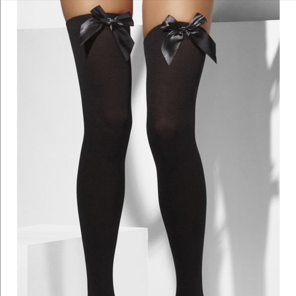 Black Thigh-High Stockings w/ Bow - Picture 1 of 3