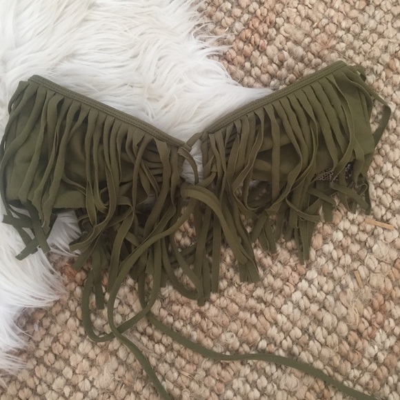 Acacia olive green fringe bandeau bikini top