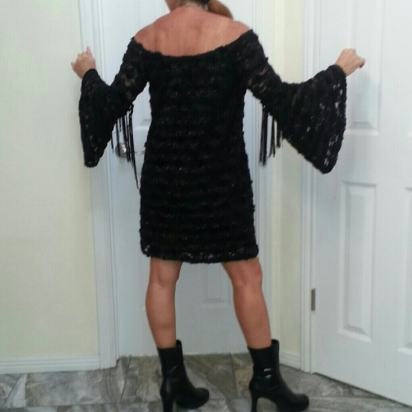 Black Sparkle Boho Bell Sleeve/Fringe Dress - Picture 3 of 4