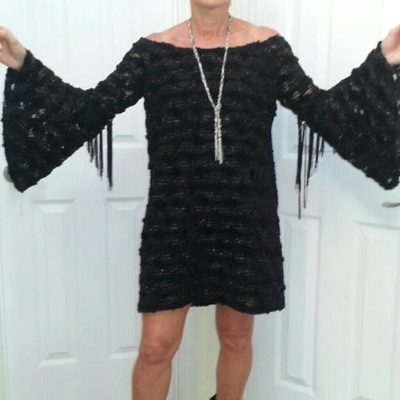 Black Sparkle Boho Bell Sleeve/Fringe Dress - Picture 2 of 4
