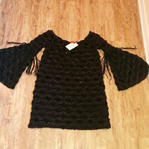 Black Sparkle Boho Bell Sleeve/Fringe Dress - Picture 4 of 4