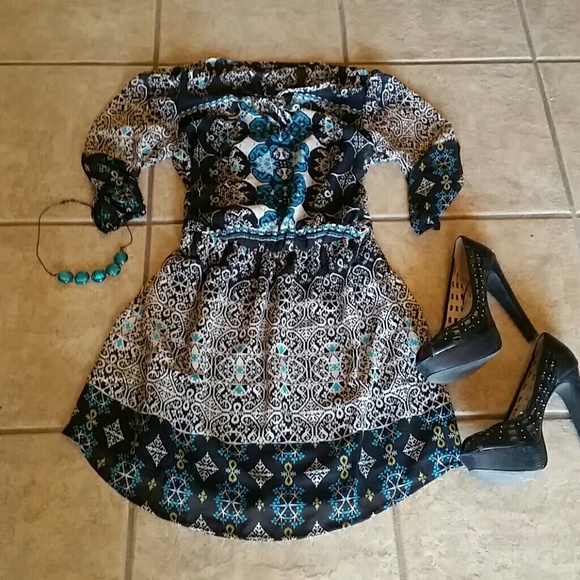 Cute patterned Bebop empire black and teal dress.