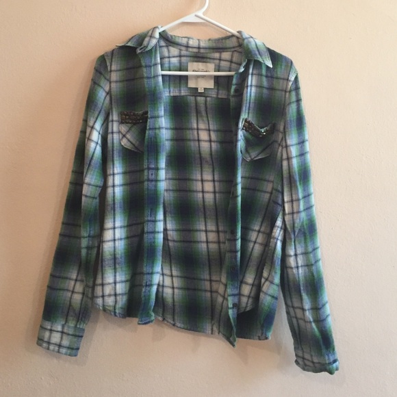 A+F Plaid Flannel Button Up with Studded Pockets - Picture 1 of 4