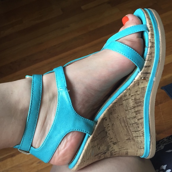 Turquoise and faux cork wedges
