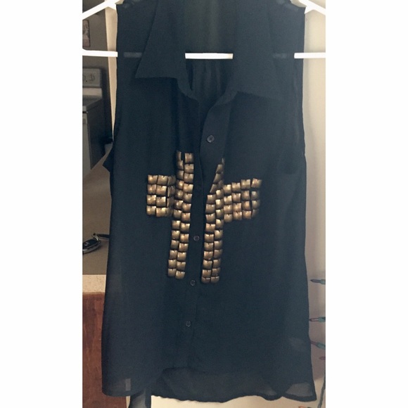 Sheer Black Gold-Embellished Cross Top